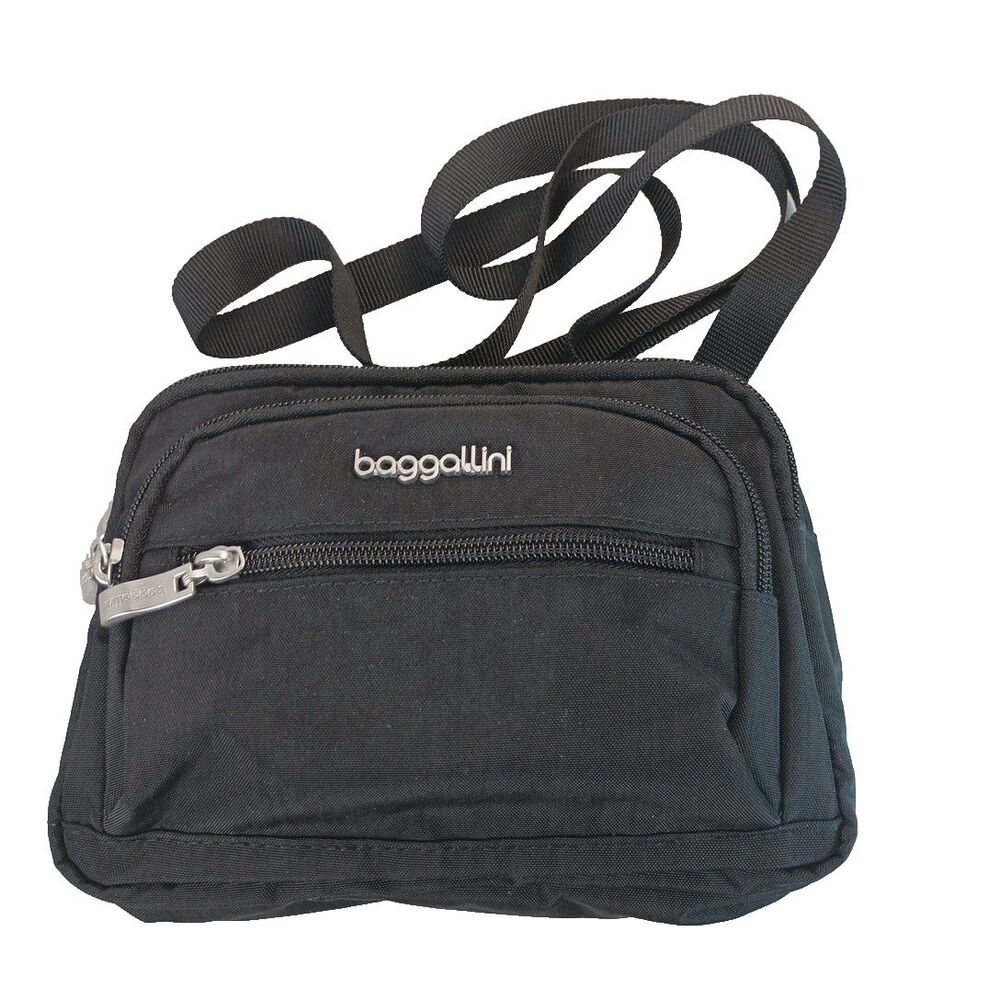 Baggallini Triple Zip Bagg Crossbody Black With Belt Loops Pockets Card Holder